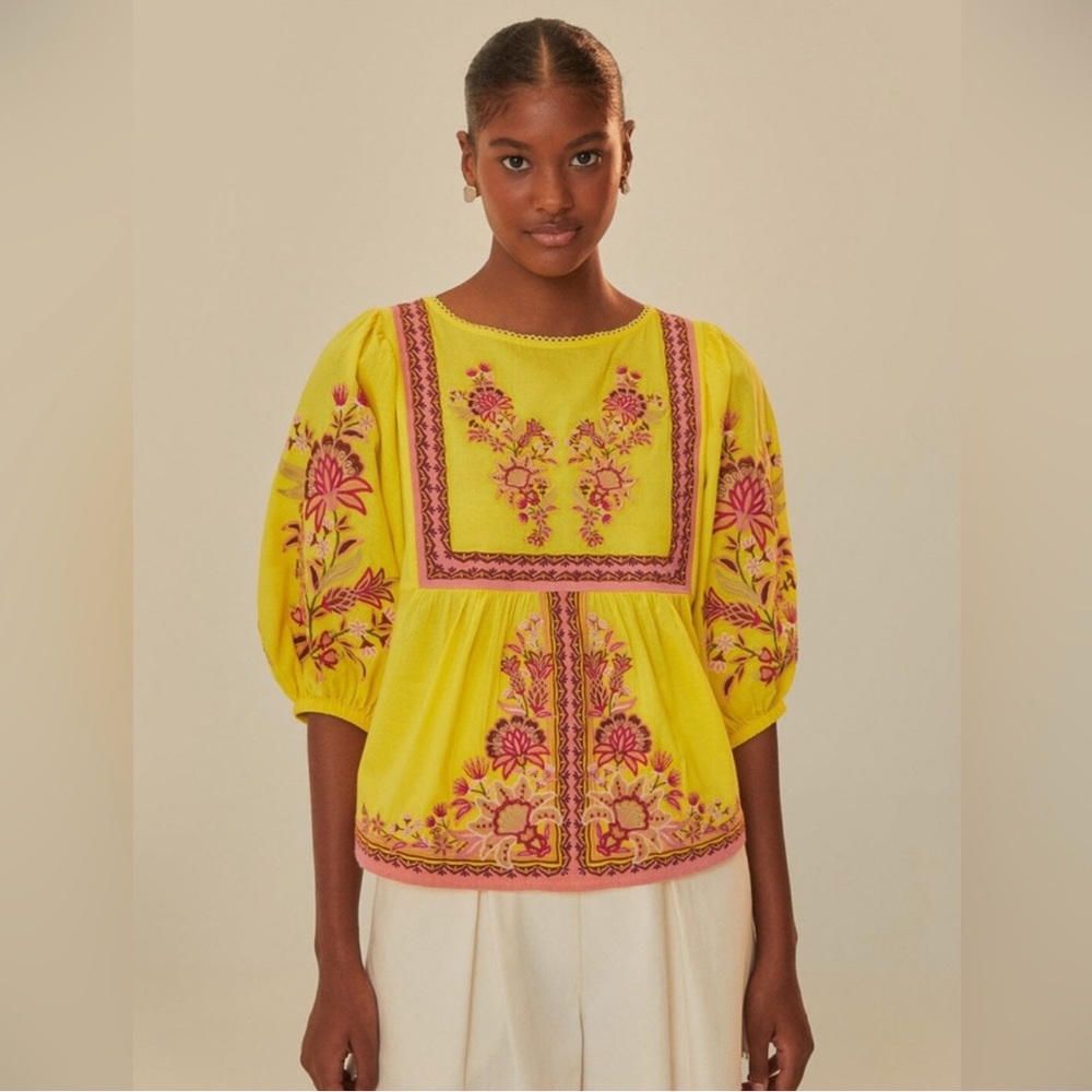 Anthropologie Farm Rio Yellow Garden Tapestry Embroidered Blouse size XS